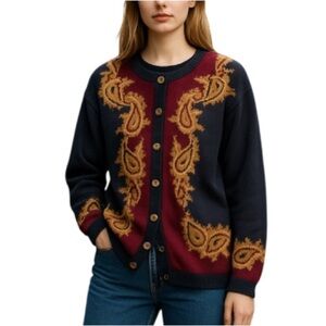 Vintage 90’s Principles Petite Collection Cardigan Navy Taupe Burgundy Paisley M